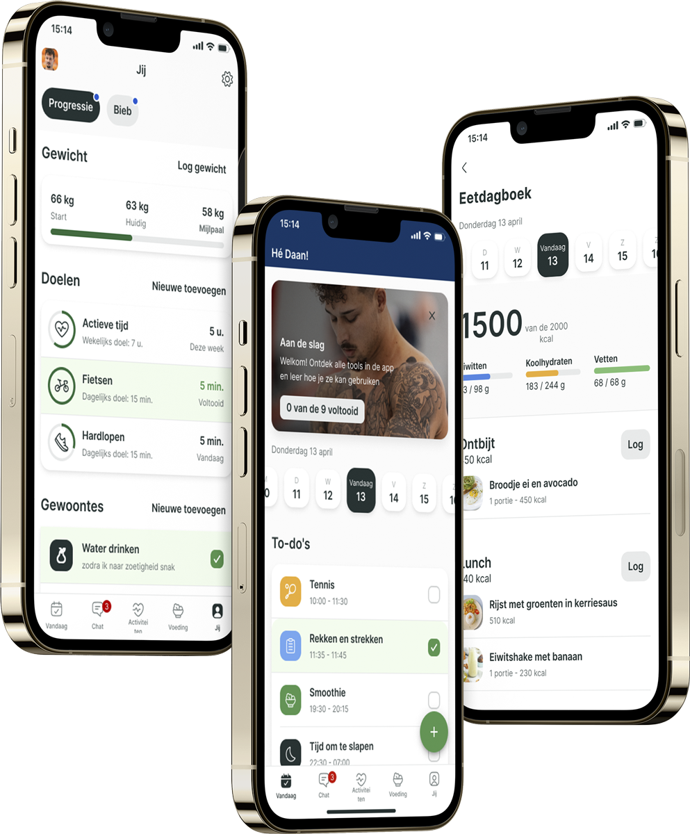 Een mockup van de coaching app die de functies laat zien.